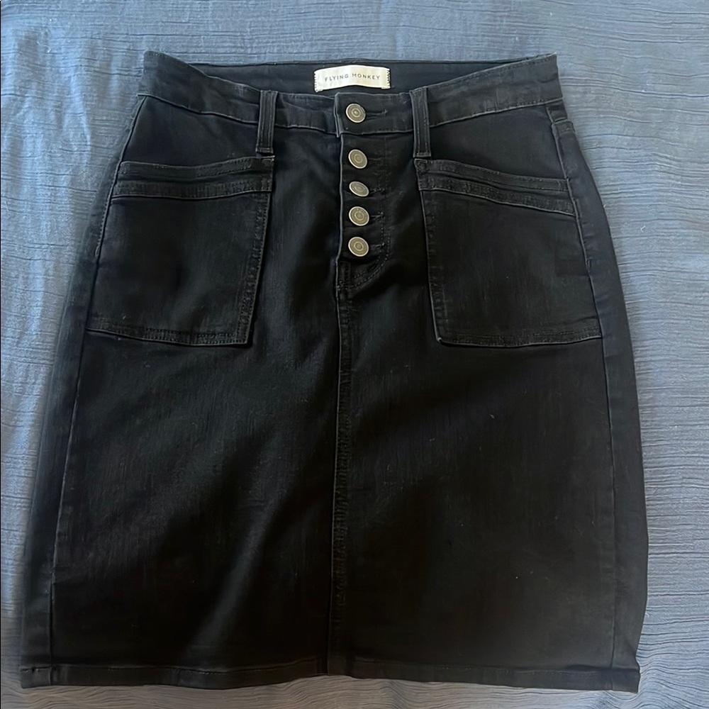 Black Button-Front Denim Skirt